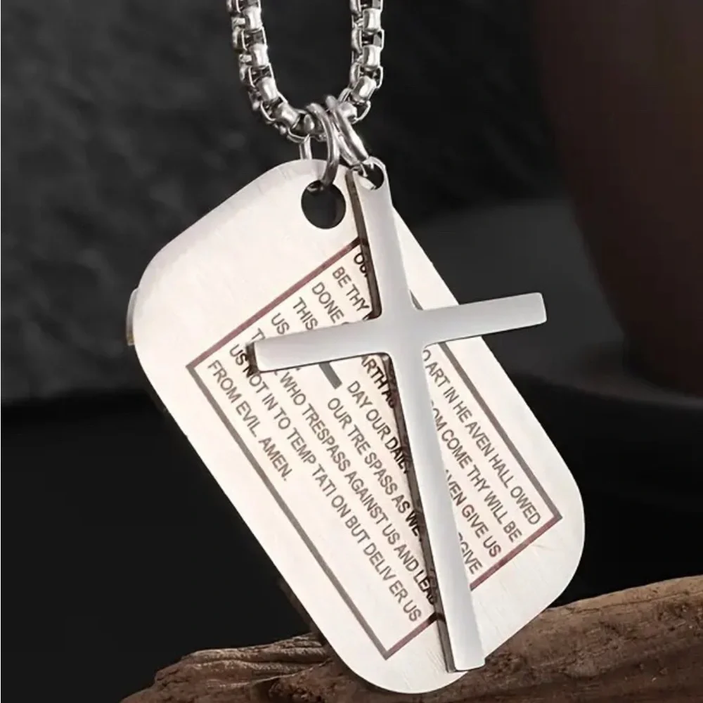 Dog Tags Style Stainless Steel Engraved Scripture Cross Pendant Necklace NWT